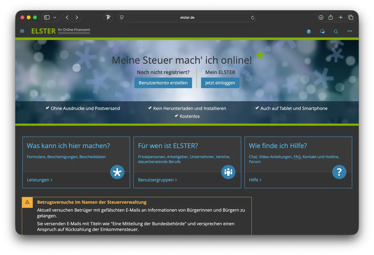 Screenshot von Mein ELSTER (+ okELSTER ab Juli 2026)
